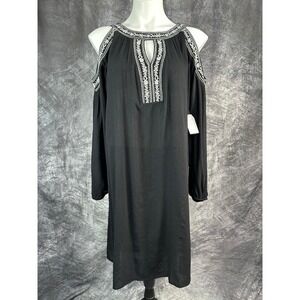 NWT Cold Shoulder Dress Womens Large Black Embroidered Boho Shift Gauze